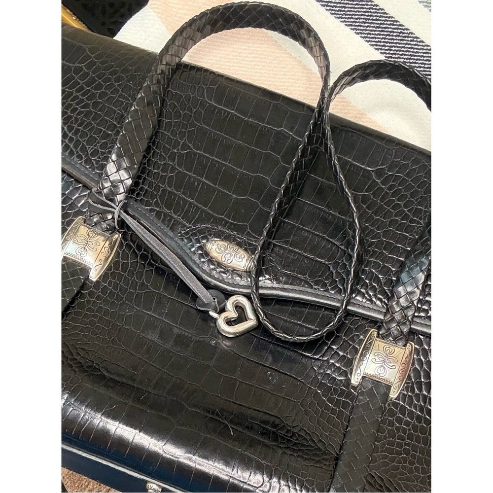 Brighton Black Croc-Embossed Satchel with Braided Handles and Heart Charm